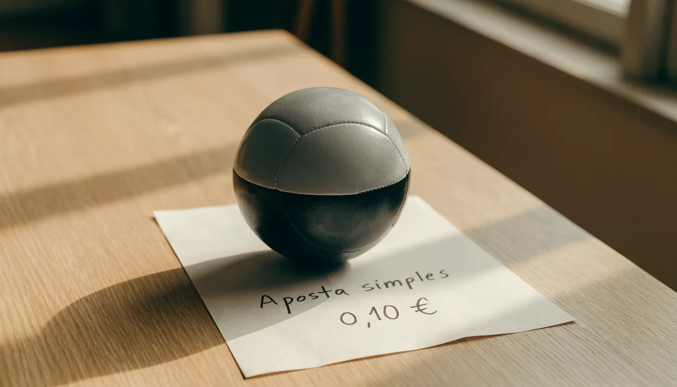 Uma bola de futebol pousada sobre um talão de apostas em branco numa mesa de madeira, à luz do dia