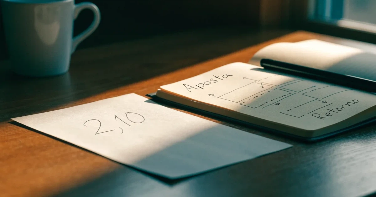 Um talão de apostas em branco ao lado de uma calculadora e de um bloco de notas com um esquema desenhado à mão