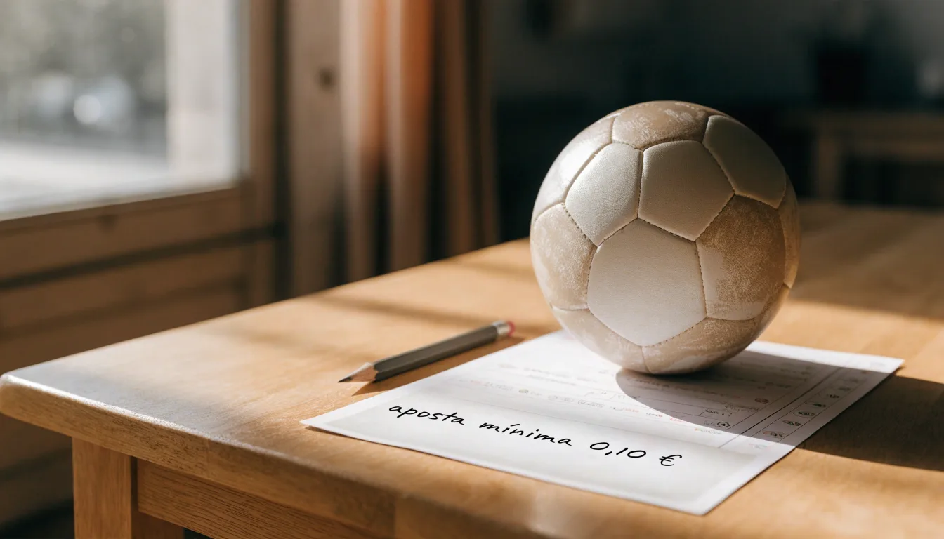 Uma bola de futebol pousada sobre um talão de apostas em branco numa mesa de madeira, à luz do dia