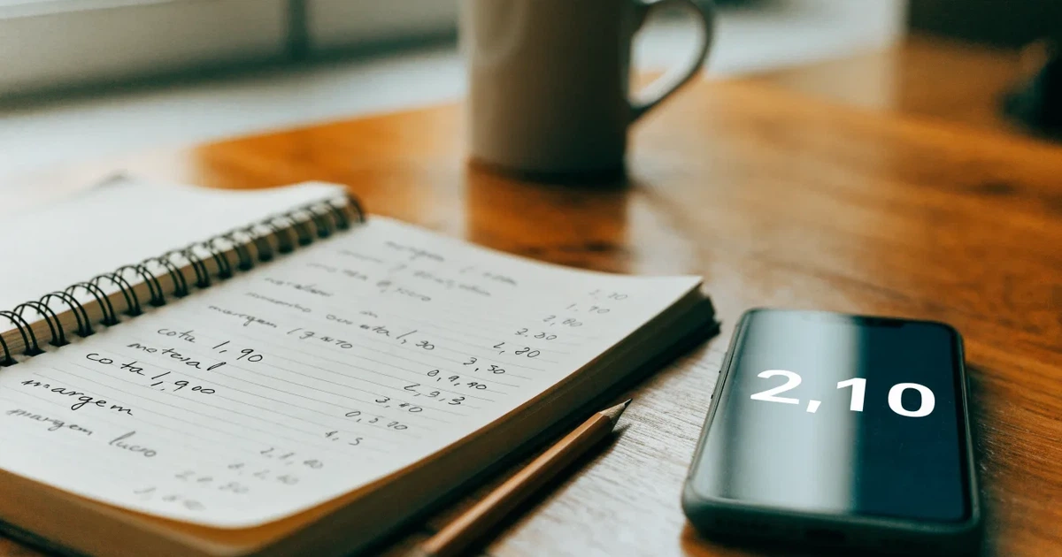 Um caderno aberto com cotas escritas à mão, uma calculadora e um lápis sobre uma mesa de madeira