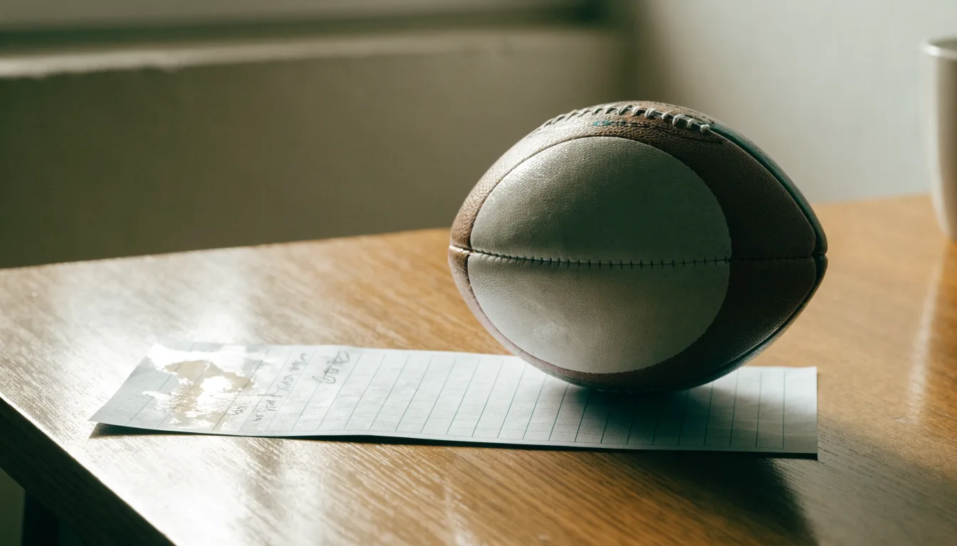 Uma bola de futebol pousada sobre um talão de apostas em branco numa mesa de madeira, à luz do dia