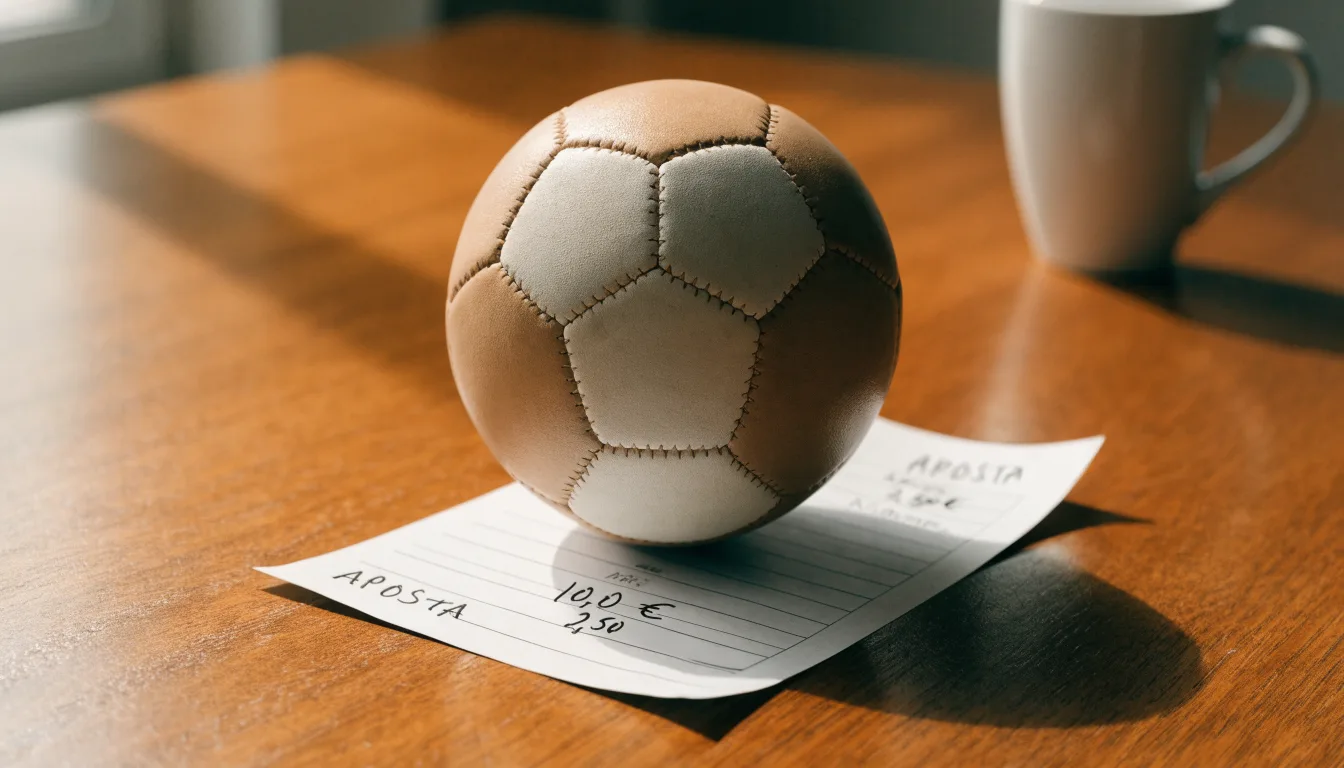 Uma bola de futebol pousada sobre um talão de apostas em branco numa mesa de madeira, à luz do dia