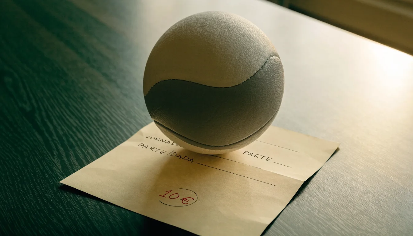 Uma bola de futebol pousada sobre um talão de apostas em branco numa mesa de madeira, à luz do dia