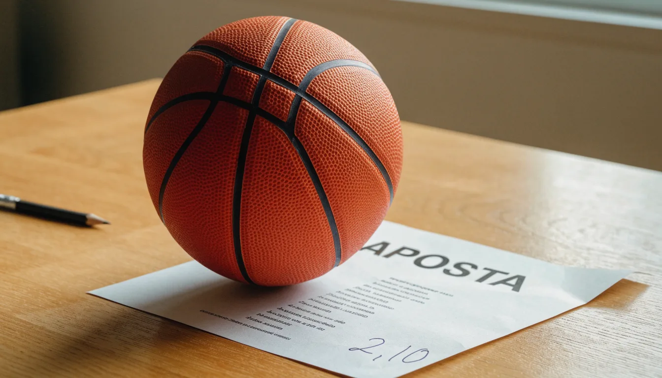Uma bola de futebol pousada sobre um talão de apostas em branco numa mesa de madeira, à luz do dia