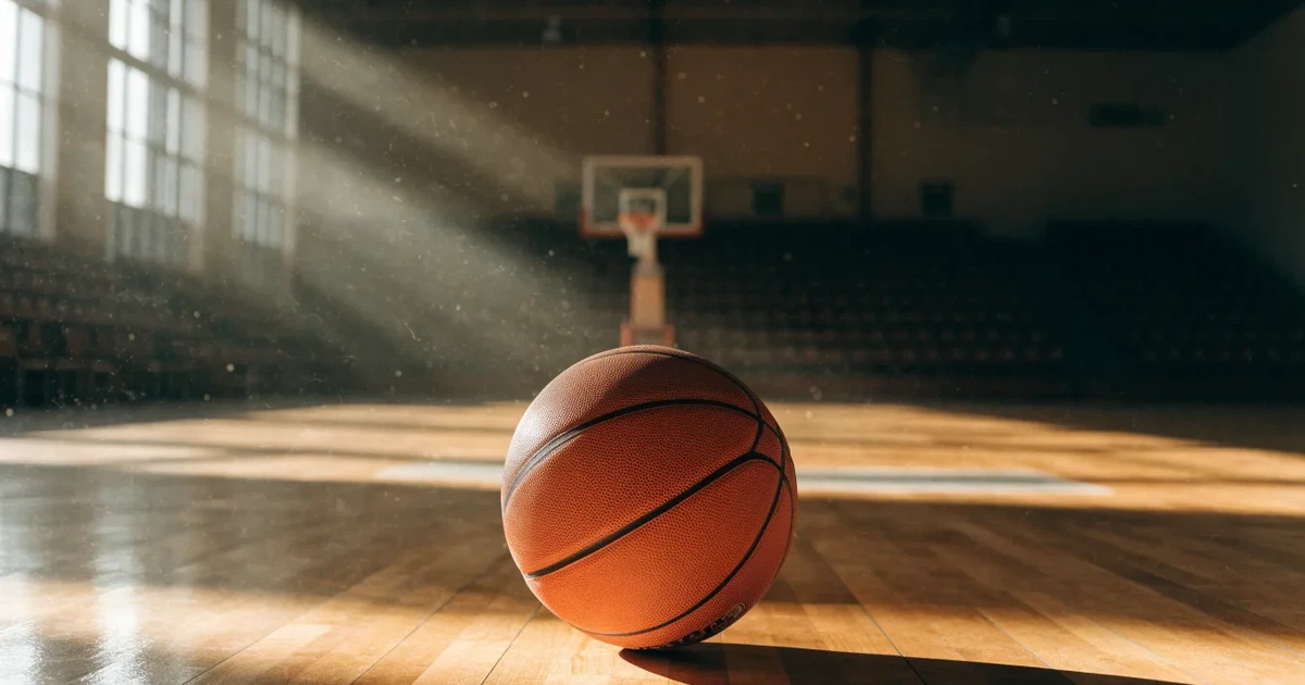 Uma bola de futebol no ponto central de um relvado, à luz da manhã