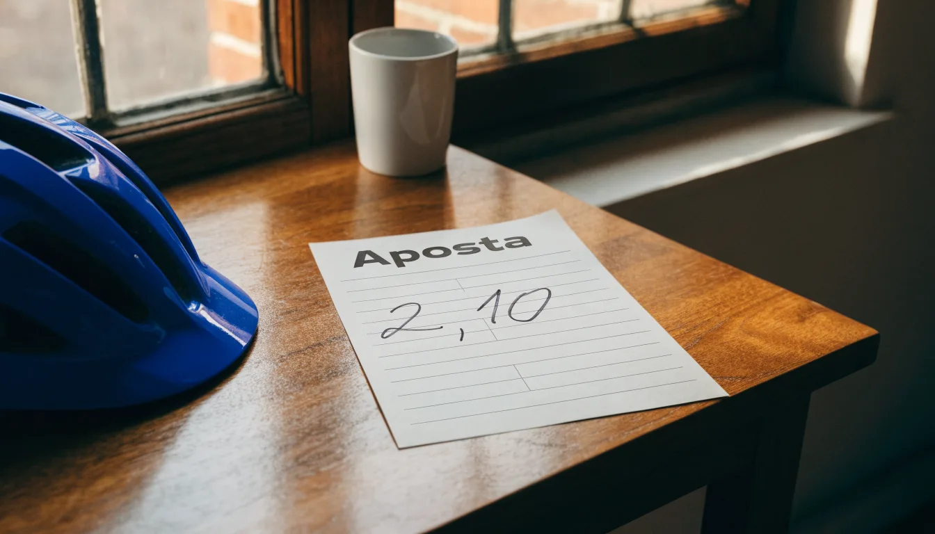 Uma bola de futebol pousada sobre um talão de apostas em branco numa mesa de madeira, à luz do dia