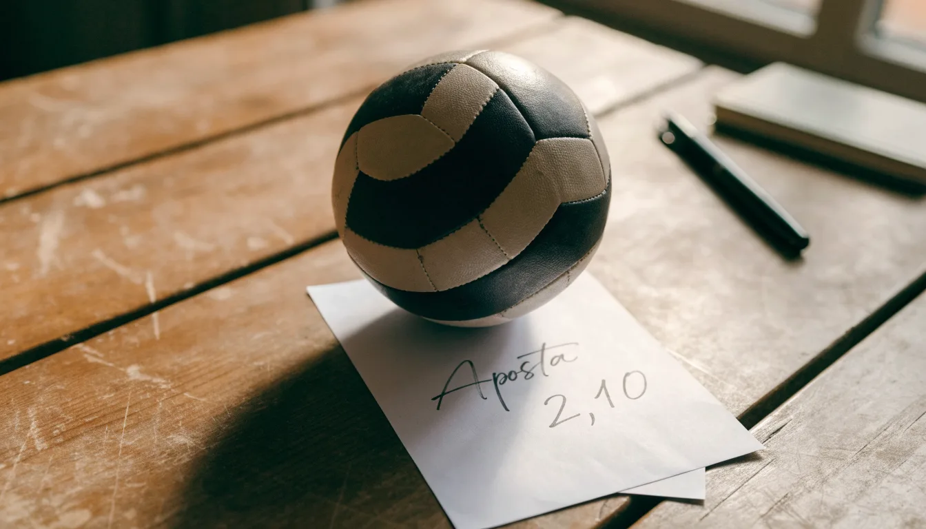 Uma bola de futebol pousada sobre um talão de apostas em branco numa mesa de madeira, à luz do dia