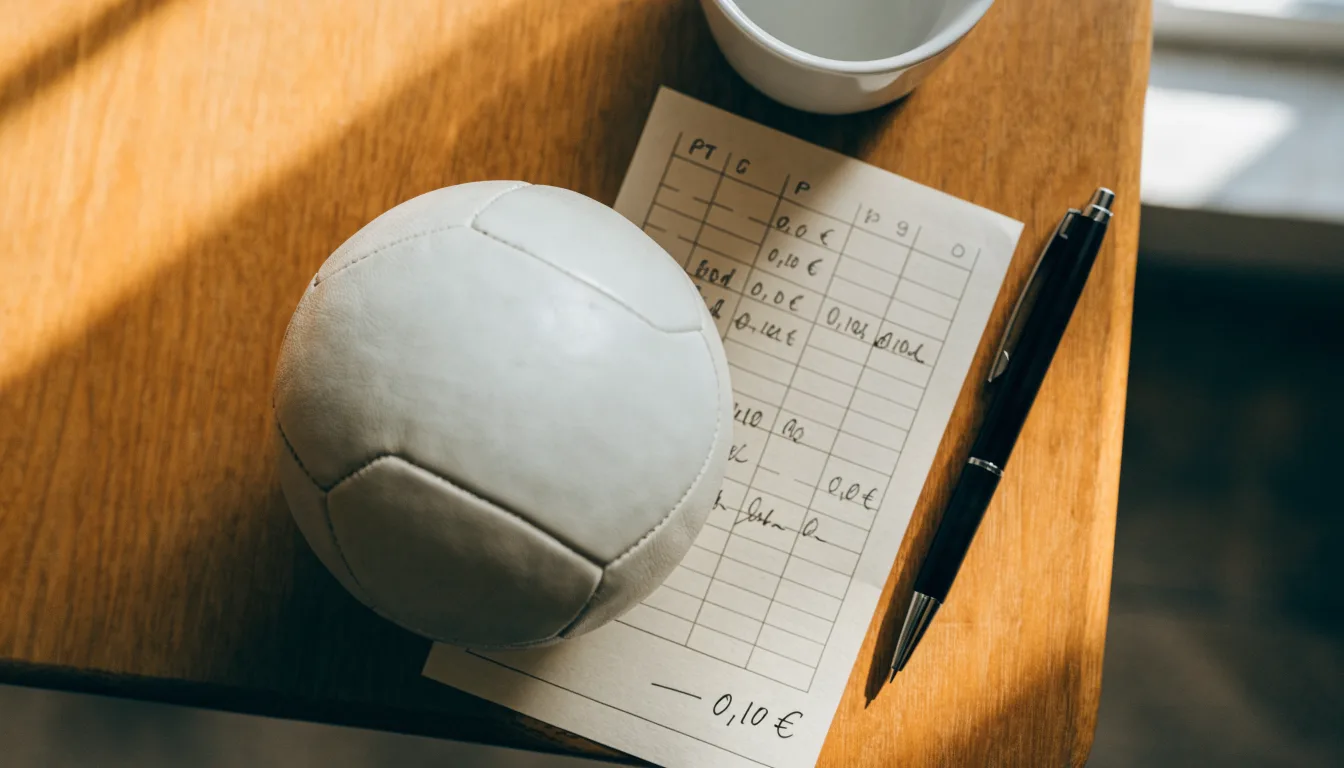 Uma bola de futebol pousada sobre um talão de apostas em branco numa mesa de madeira, à luz do dia