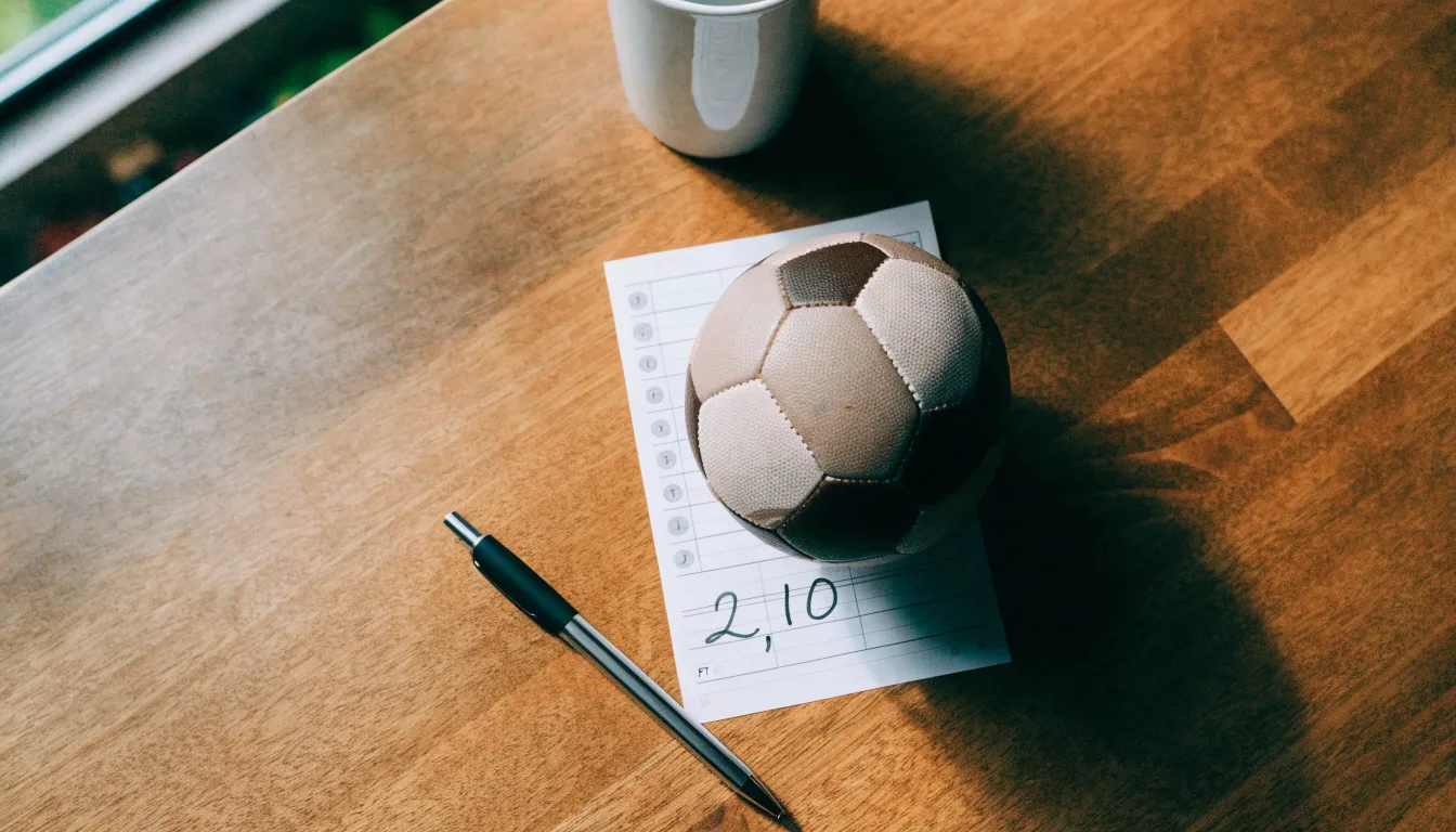 Uma bola de futebol pousada sobre um talão de apostas em branco numa mesa de madeira, à luz do dia