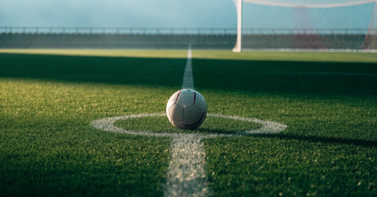 Uma bola de futebol no ponto central de um relvado, à luz da manhã