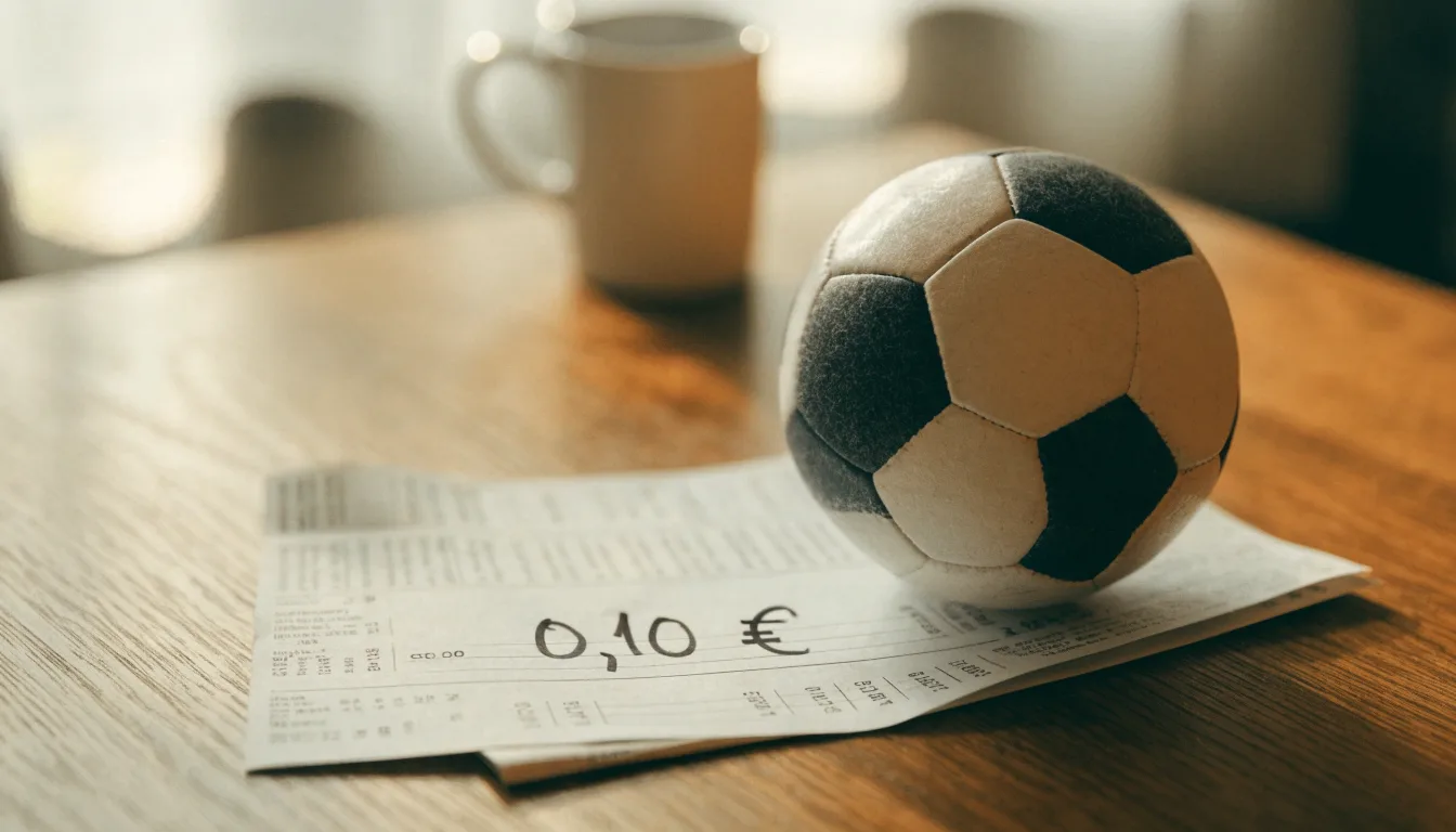 Uma bola de futebol pousada sobre um talão de apostas em branco numa mesa de madeira, à luz do dia