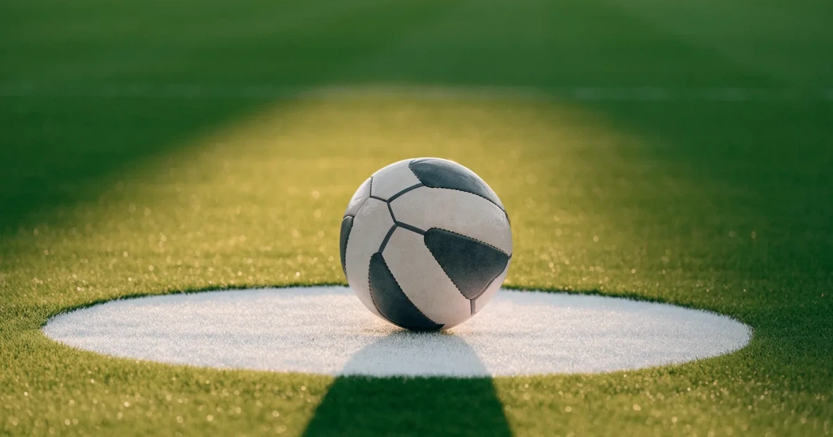 Uma bola de futebol no ponto central de um relvado, à luz da manhã