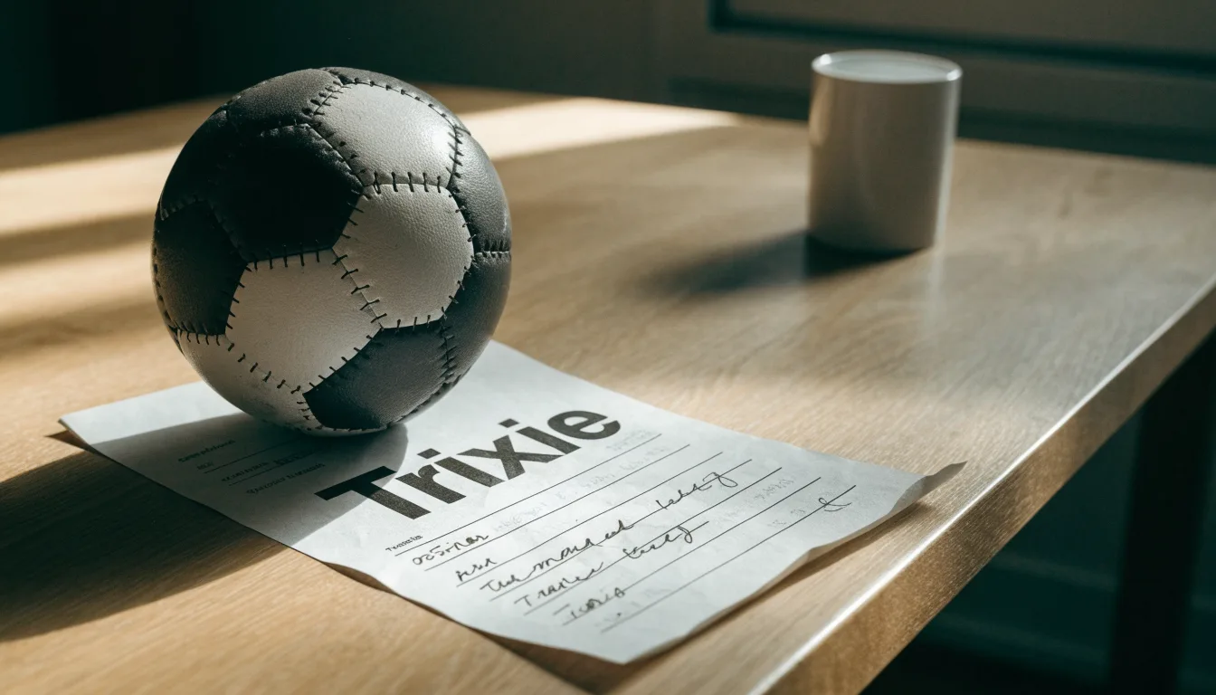Uma bola de futebol pousada sobre um talão de apostas em branco numa mesa de madeira, à luz do dia