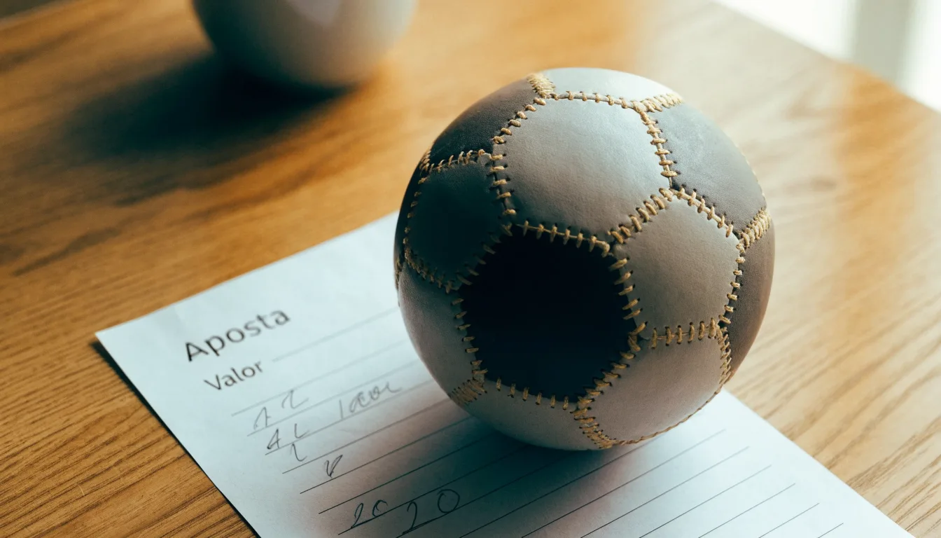 Uma bola de futebol pousada sobre um talão de apostas em branco numa mesa de madeira, à luz do dia