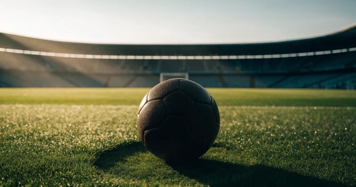 Uma bola de futebol no ponto central de um relvado, à luz da manhã