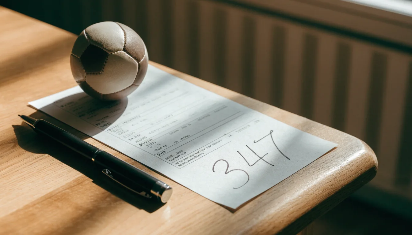 Uma bola de futebol pousada sobre um talão de apostas em branco numa mesa de madeira, à luz do dia