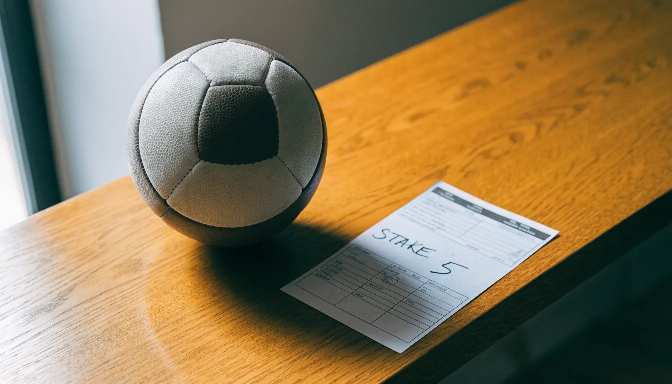Uma bola de futebol pousada sobre um talão de apostas em branco numa mesa de madeira, à luz do dia