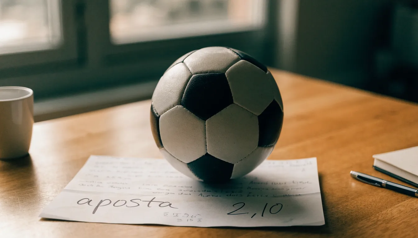 Uma bola de futebol pousada sobre um talão de apostas em branco numa mesa de madeira, à luz do dia