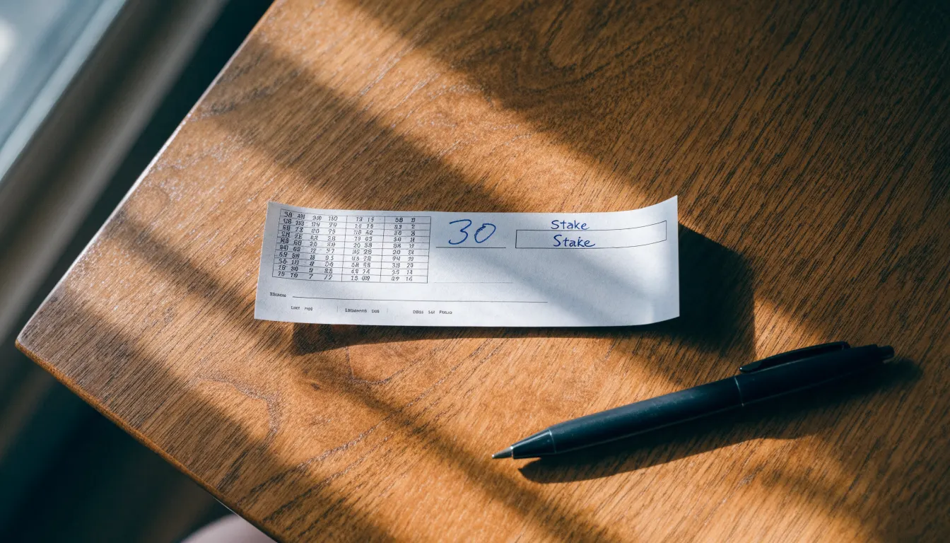 Uma bola de futebol pousada sobre um talão de apostas em branco numa mesa de madeira, à luz do dia