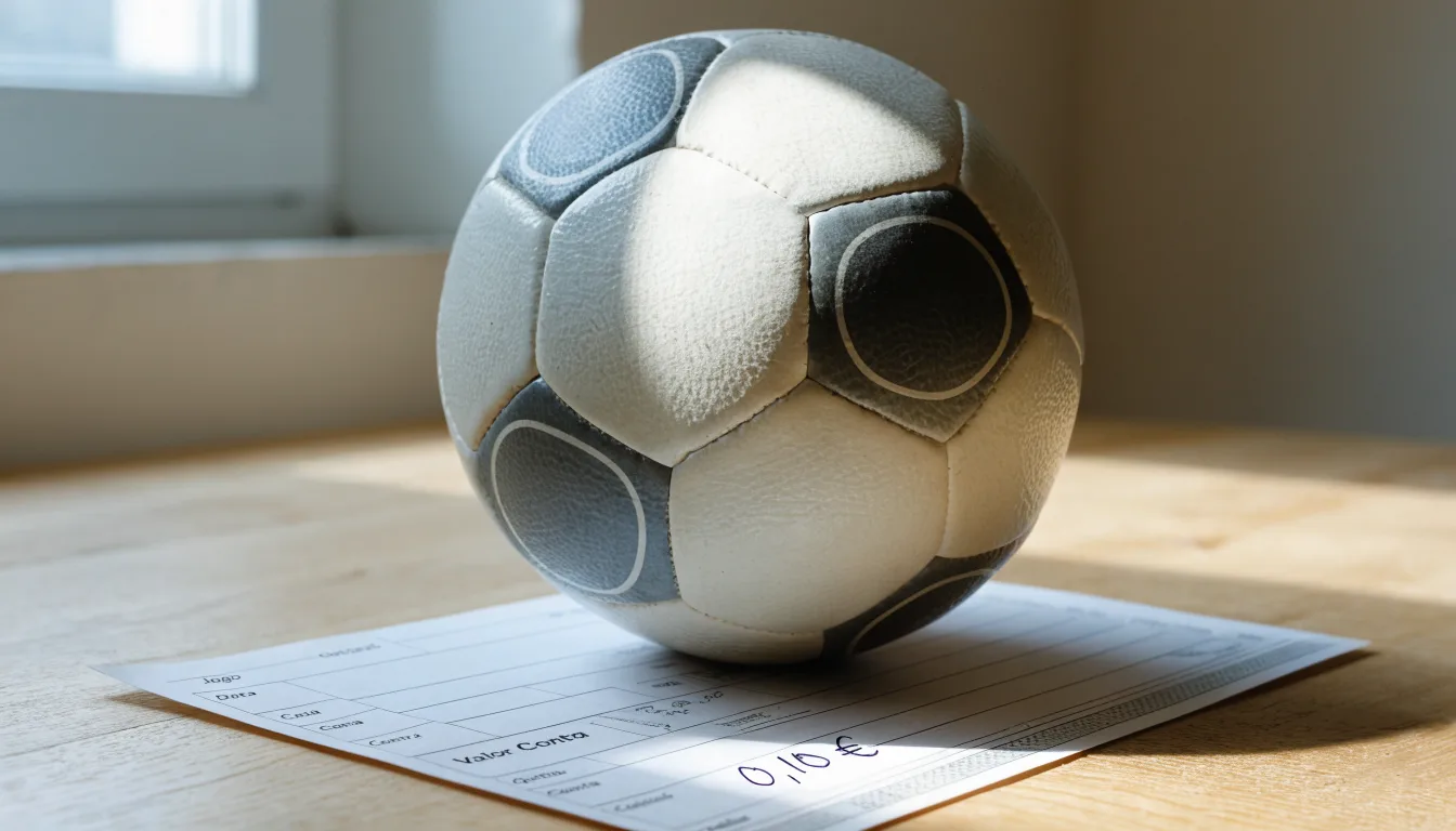 Uma bola de futebol pousada sobre um talão de apostas em branco numa mesa de madeira, à luz do dia
