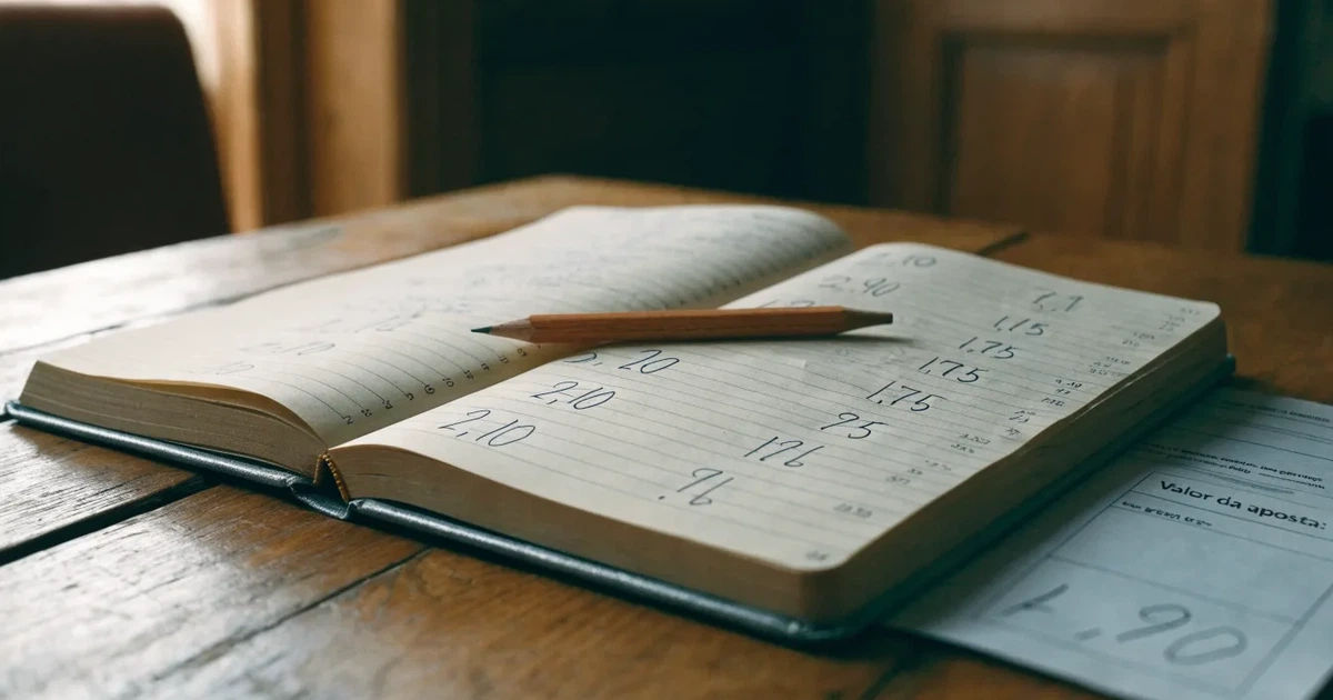 Um caderno aberto com cotas escritas à mão, uma calculadora e um lápis sobre uma mesa de madeira