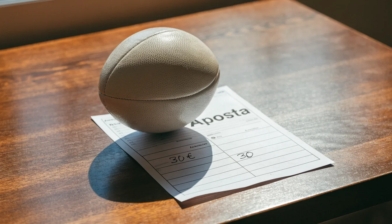 Uma bola de futebol pousada sobre um talão de apostas em branco numa mesa de madeira, à luz do dia