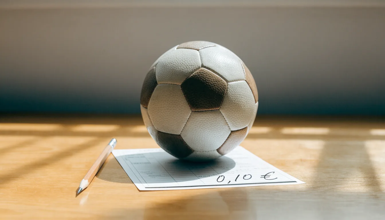 Uma bola de futebol pousada sobre um talão de apostas em branco numa mesa de madeira, à luz do dia