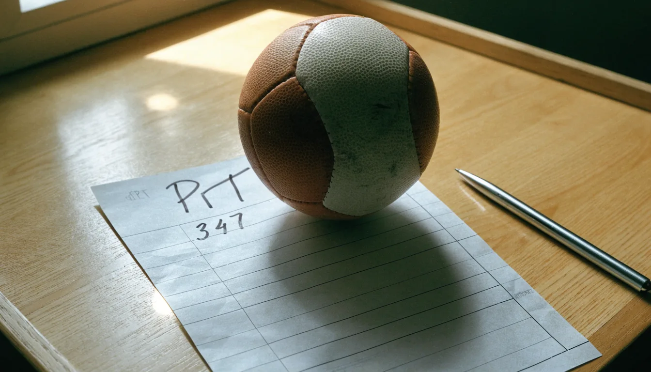Uma bola de futebol pousada sobre um talão de apostas em branco numa mesa de madeira, à luz do dia