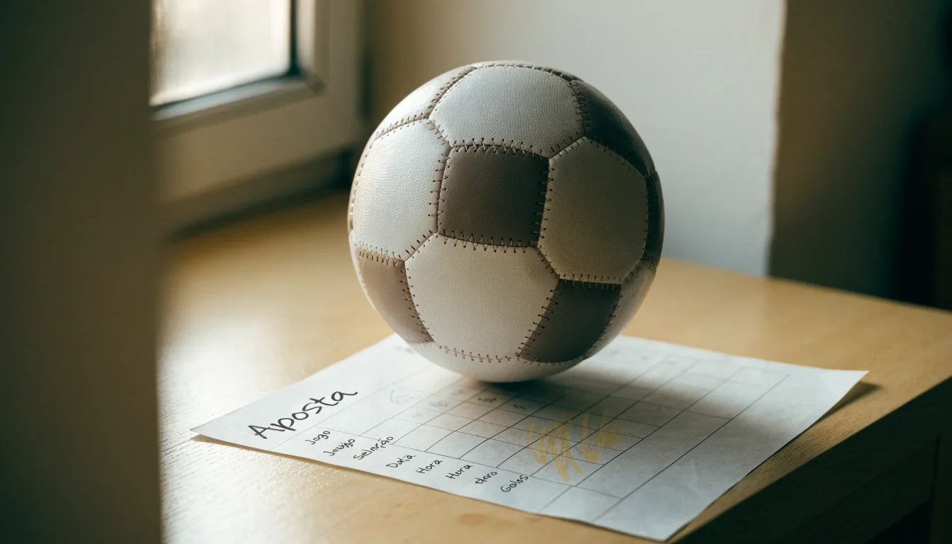 Uma bola de futebol pousada sobre um talão de apostas em branco numa mesa de madeira, à luz do dia