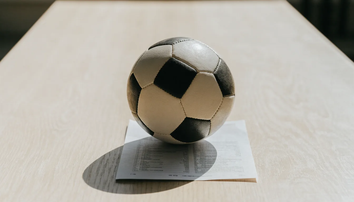 Uma bola de futebol pousada sobre um talão de apostas em branco numa mesa de madeira, à luz do dia