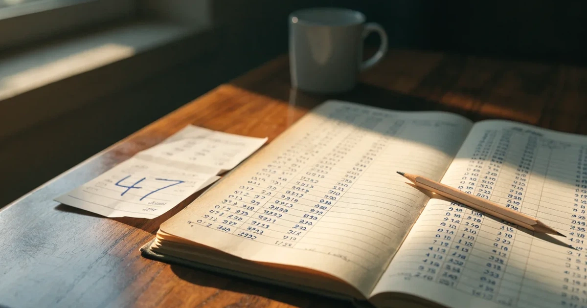 Um caderno aberto com cotas escritas à mão, uma calculadora e um lápis sobre uma mesa de madeira
