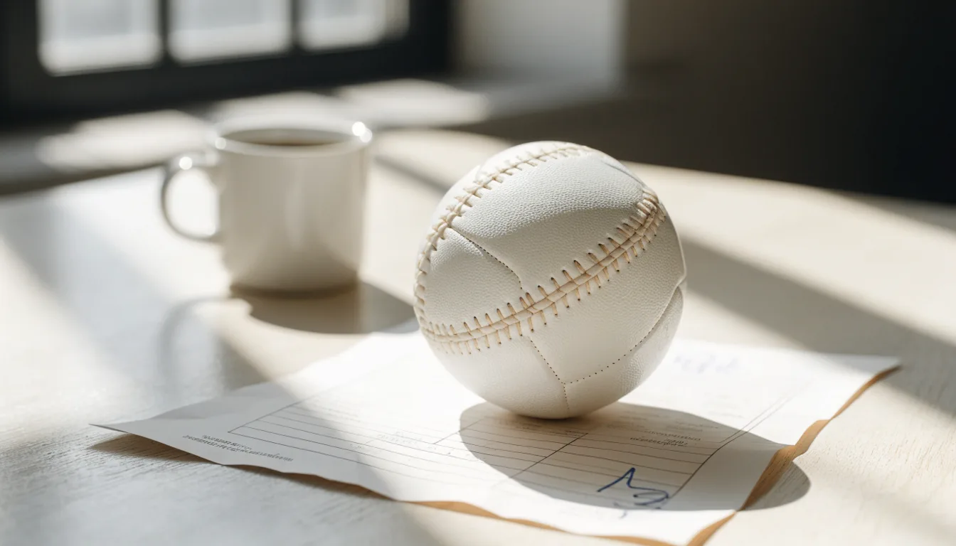 Uma bola de futebol pousada sobre um talão de apostas em branco numa mesa de madeira, à luz do dia
