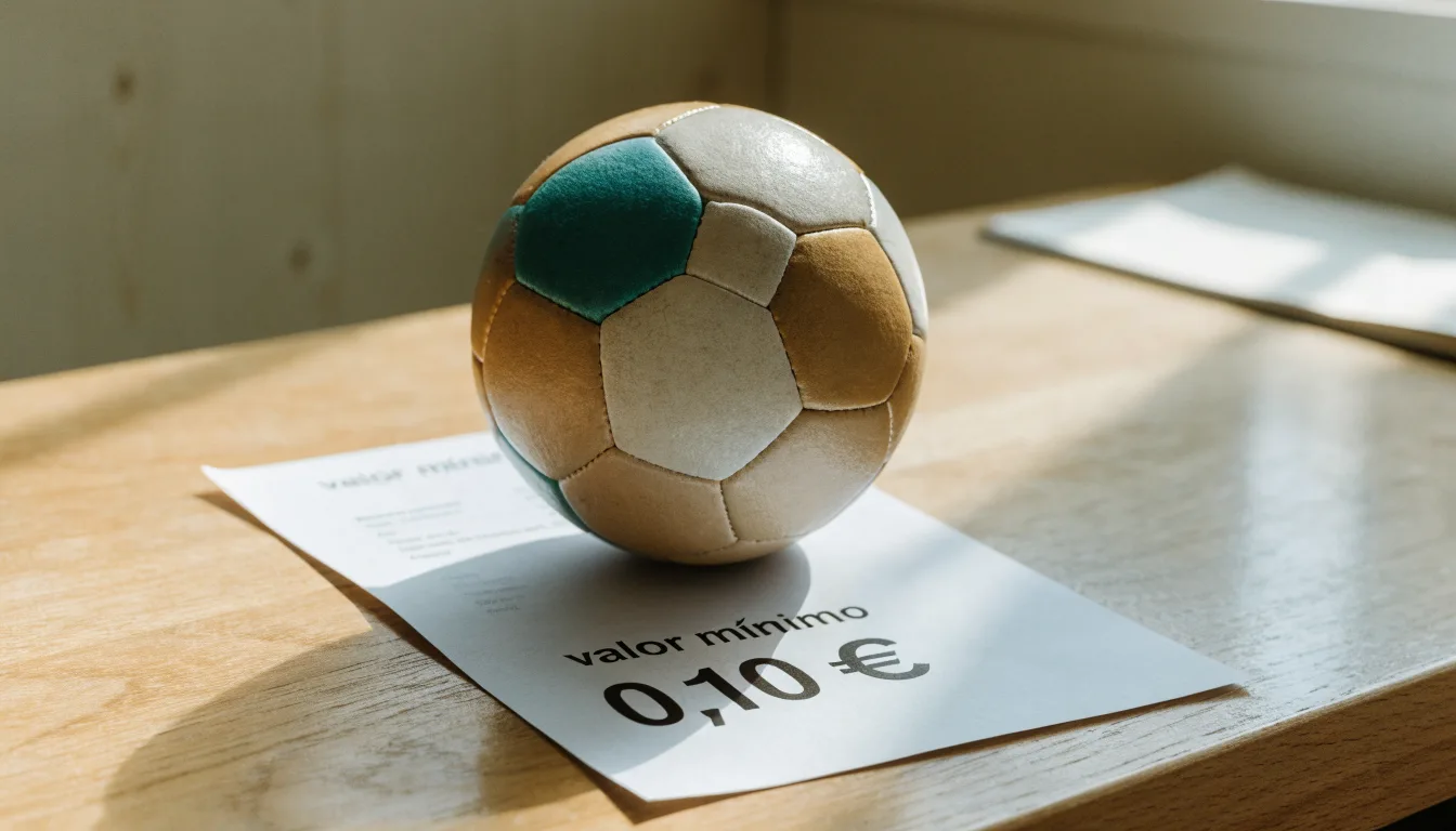Uma bola de futebol pousada sobre um talão de apostas em branco numa mesa de madeira, à luz do dia