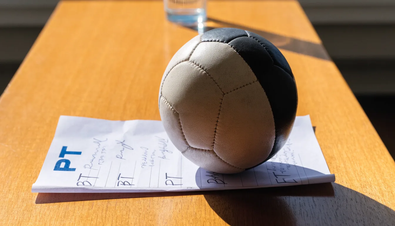 Uma bola de futebol pousada sobre um talão de apostas em branco numa mesa de madeira, à luz do dia