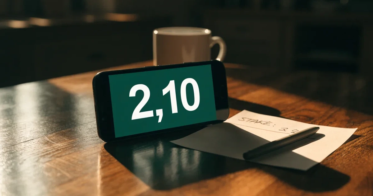 Uma moeda física de bitcoin ao lado de um telemóvel com um talão de aposta no ecrã, sobre uma mesa escura