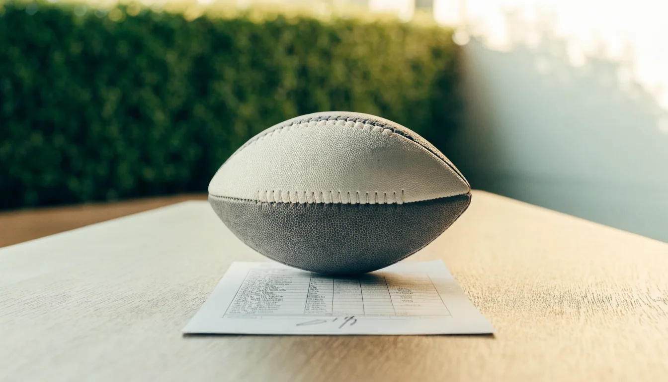 Uma bola de futebol pousada sobre um talão de apostas em branco numa mesa de madeira, à luz do dia