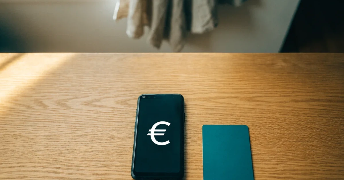 Um telemóvel e um cartão bancário lado a lado numa mesa de madeira, com algumas notas de euro ao lado