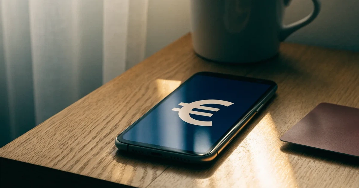 Um telemóvel e um cartão bancário lado a lado numa mesa de madeira, com algumas notas de euro ao lado