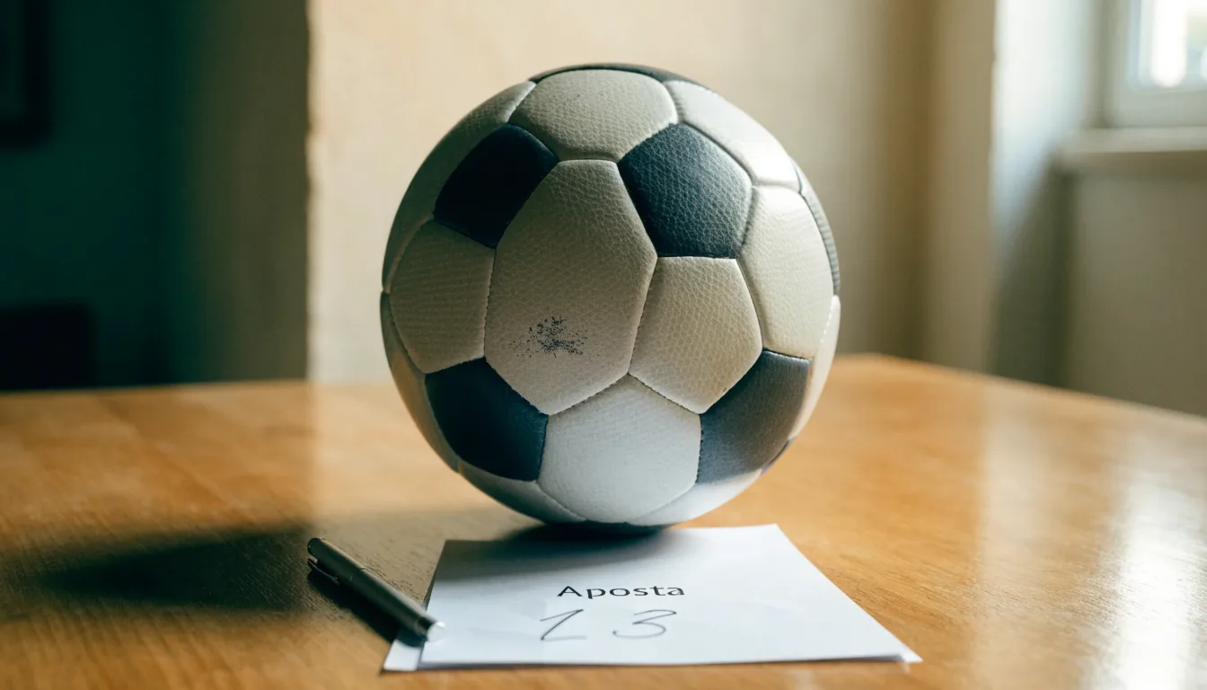 Uma bola de futebol pousada sobre um talão de apostas em branco numa mesa de madeira, à luz do dia