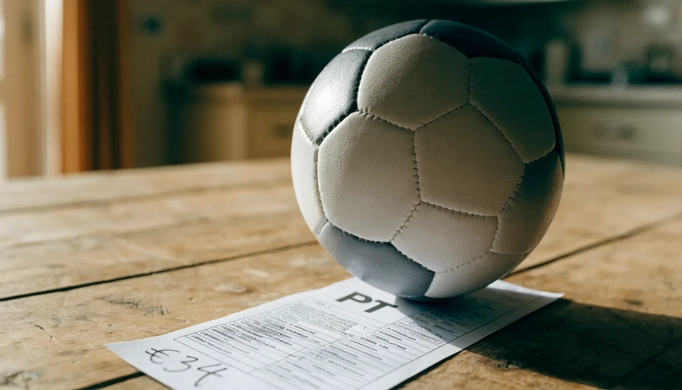 Uma bola de futebol pousada sobre um talão de apostas em branco numa mesa de madeira, à luz do dia