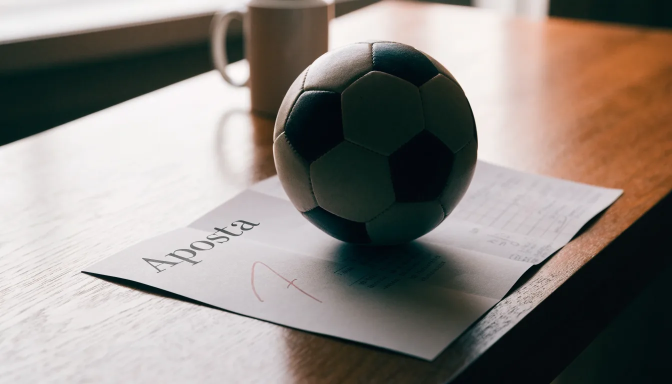 Uma bola de futebol pousada sobre um talão de apostas em branco numa mesa de madeira, à luz do dia