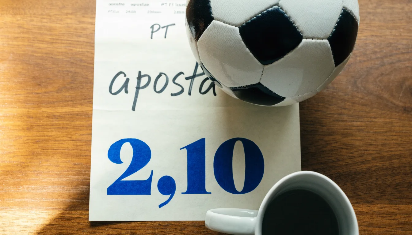 Uma bola de futebol pousada sobre um talão de apostas em branco numa mesa de madeira, à luz do dia