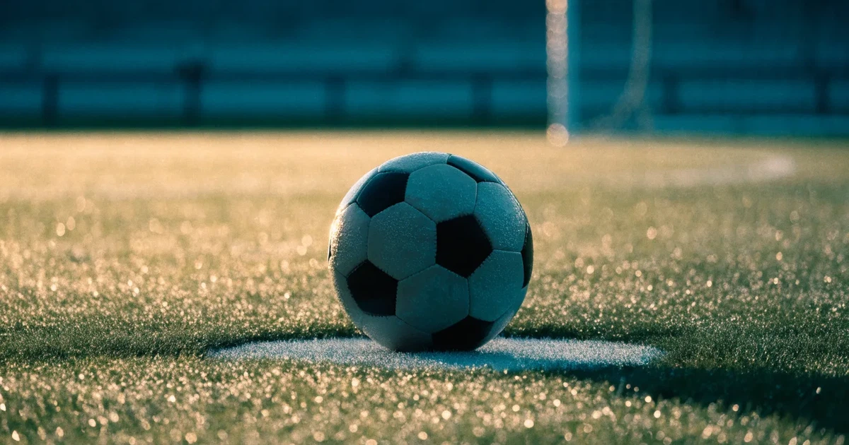 Uma bola de futebol no ponto central de um relvado, à luz da manhã